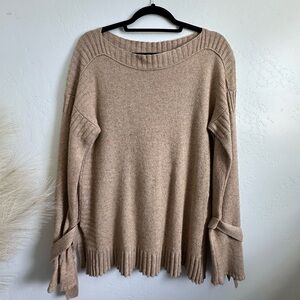 Lucky Brand Tie Sleeve Pullover Sweater Tan Brown Wool Cotton Cashmere Size S